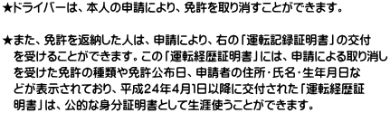 ★ドライバーは、本人の申請により、免許を取り消すことができます。  ★また、免許を返納した人は、申請により、右の「運転記録証明書」の交付 　を受けることができます。この「運転経歴証明書」には、申請による取り消し 　を受けた免許の種類や免許公布日、申請者の住所・氏名・生年月日な 　どが表示されており、平成２４年４月１日以降に交付された「運転経歴証 　明書」は、公的な身分証明書として生涯使うことができます。